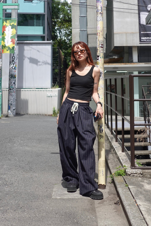 リネン混ストライプラフパンツ